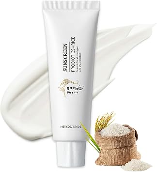 Rice Sunscreen SPF 50 PA++++ SPF 50 Probiotics Sunscreen Rice Protection Korean Sunscreen Lightweight Sun Cream for Face & Body, No White Cast, Moisturising for All Skin Types, 50g