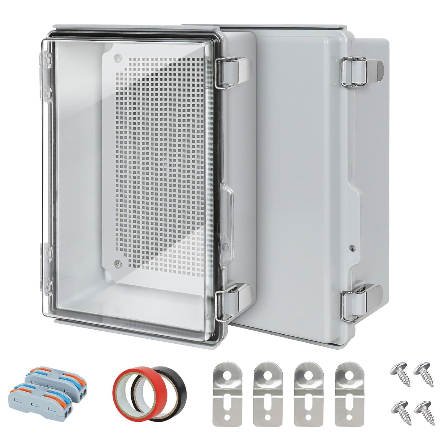 Junction Box 2 Pieces,IP67 Waterproof Electrical Box,Electrical Enclosure with Stainless Steel Latch,Terminal Box with Mounting Plate,Wire Connectors,Electrical Tapes,11.8"x7.9"x5.1"