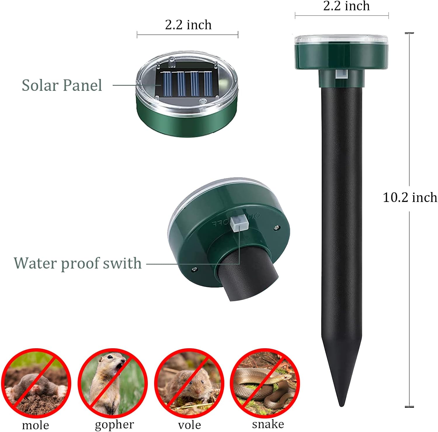 Mole Repellent Solar Powered, 10 Pack Ultrasonic Vole Repeller Outdoor, Waterproof Ultrasonic Mole Deterrent Stakes, Get Rid of Gopher, Vole, Skunk, Chipmunk, Groundhog, Snake for Yard, Garden & Lawn