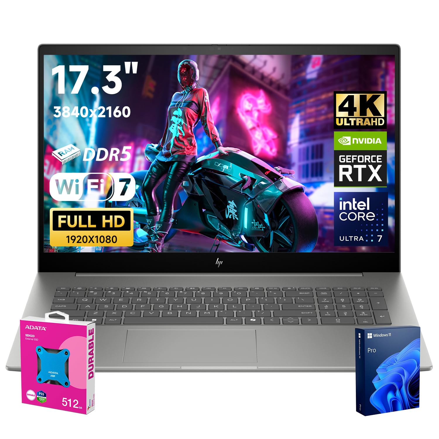 2025 Envy Next Gen Copilot AI Ready Business Laptop, 17.3" UHD Display, Intel Core Ultra 7 155U, GeForce RTX 3050, 64GB DDR5 RAM, 2TB SSD, Backlit KB, Wi-Fi 7, W11P, ADATA 512 External SSD Bundle