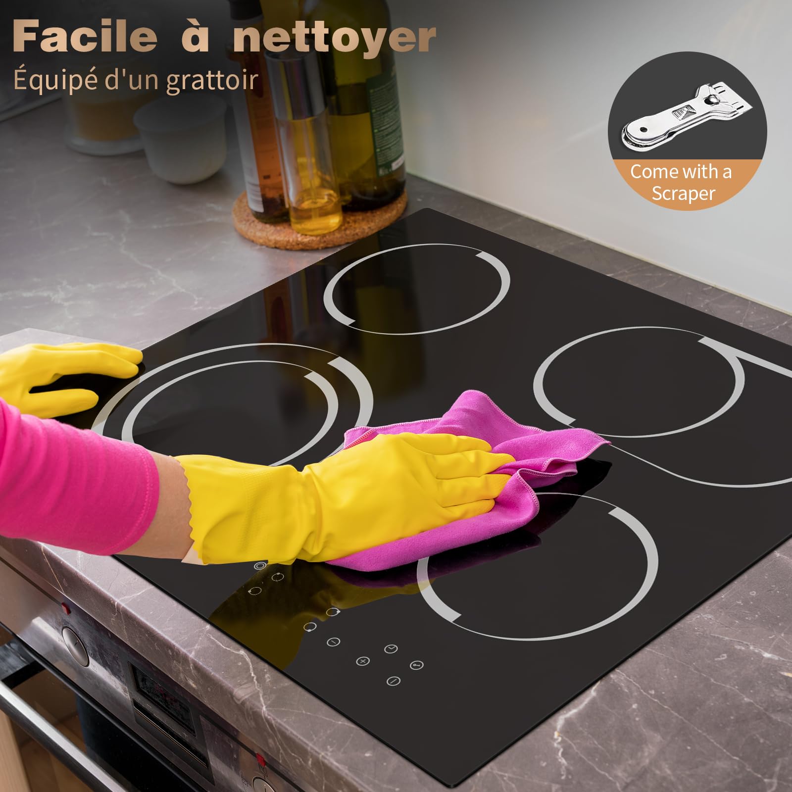 Plaque Vitrocéramique 4 Feux Encastrable 6700W, Jessier Plaque de Cuisson Electrique avec Double Zone de Barbecue Ovale, 9 Niveaux de Puissance, Fonction Pause, Minuterie, Fonction Anti-Touch