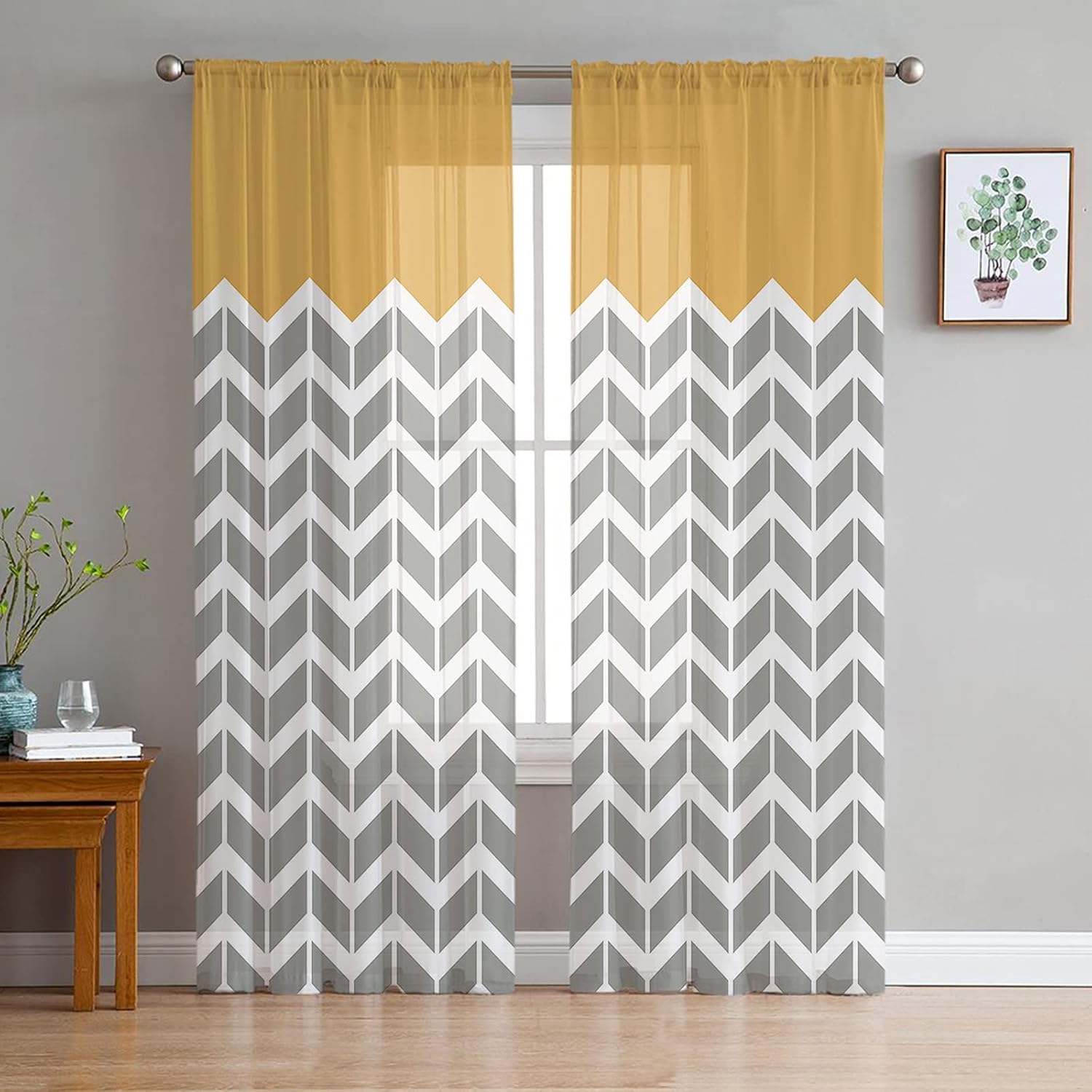 Semi Voile Sheer Window Curtains, Orange and Grey Chevron Zigzag Herringbone Geometric Print Rod Pocket Curtains Panels Set of 2, 52 x 45 inch Long Window Treatment for Bedroom Living Room,