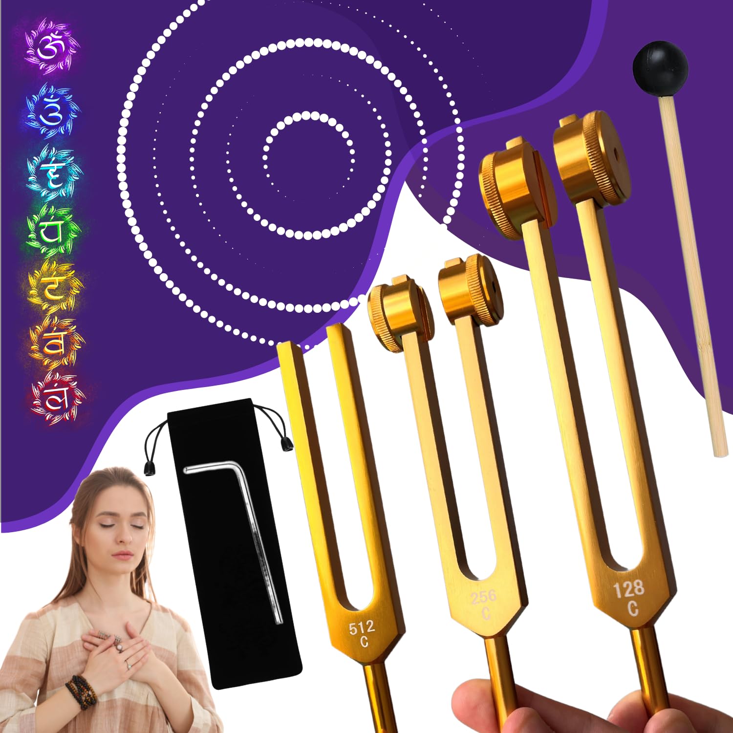 Diapason Medico 128 Hz, 256hz, 512hz Professionale (Confezione da 3) in Alluminio Dorato, per la Terapia del Suono di Meditazione Yoga, Strumento con Martello e Custodia inclusa