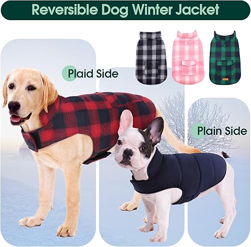 Miniatura 4 de Kuoser Reversible Winter Coat, British Style Jacket for Medium and Large Dogs - Warm Windproof Puppy Cold Weather Clothes Vest, Red L Cuadros azules