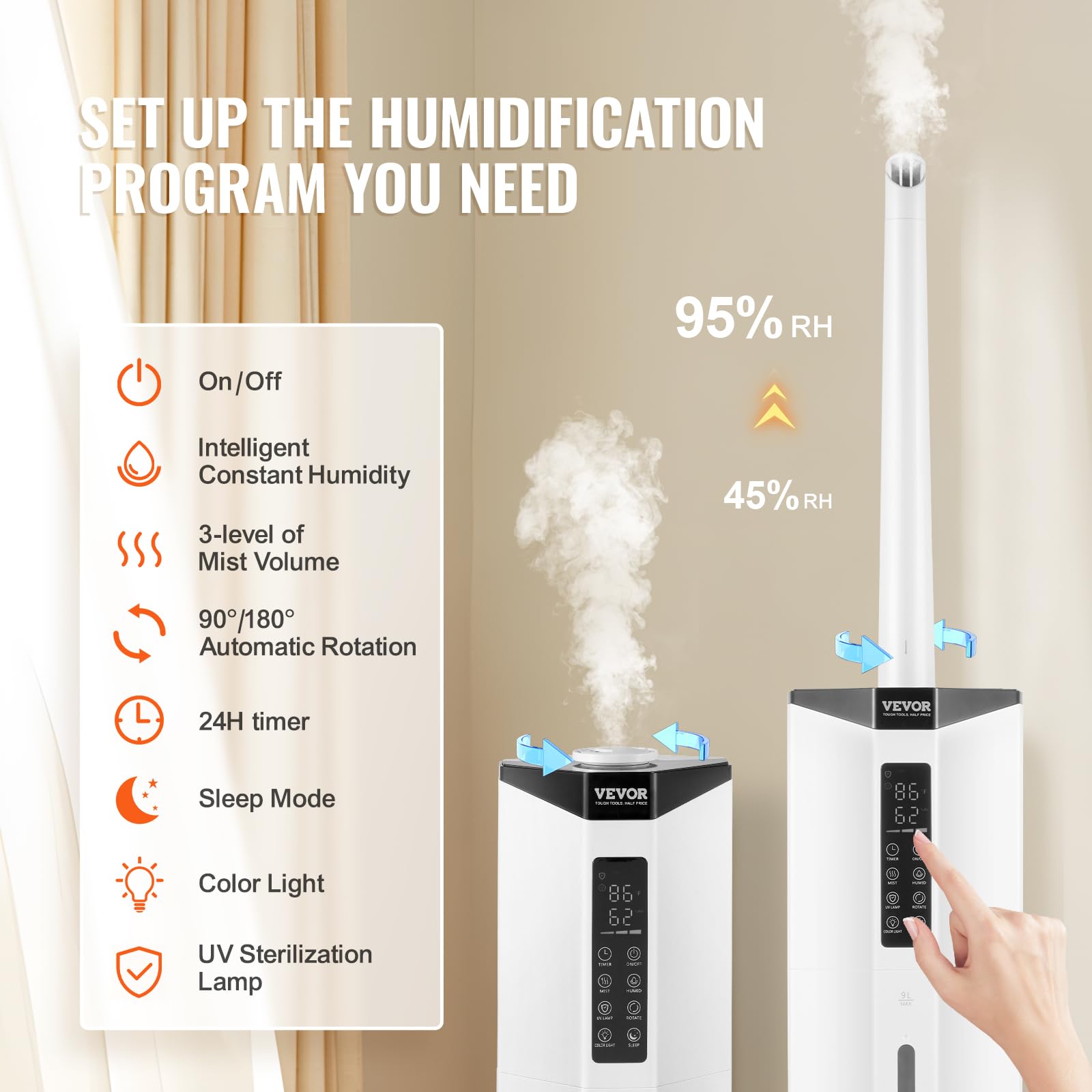VEVOR Humidificateur Commercial Industriel 40 m², 300 mL/h, Réservoir Eau 9 L, Brume Fraiche, Recharge par le Haut, avec Pulvérisation Rotative Automatique, pour Toute la Maison, Serre, Plante, Bureau