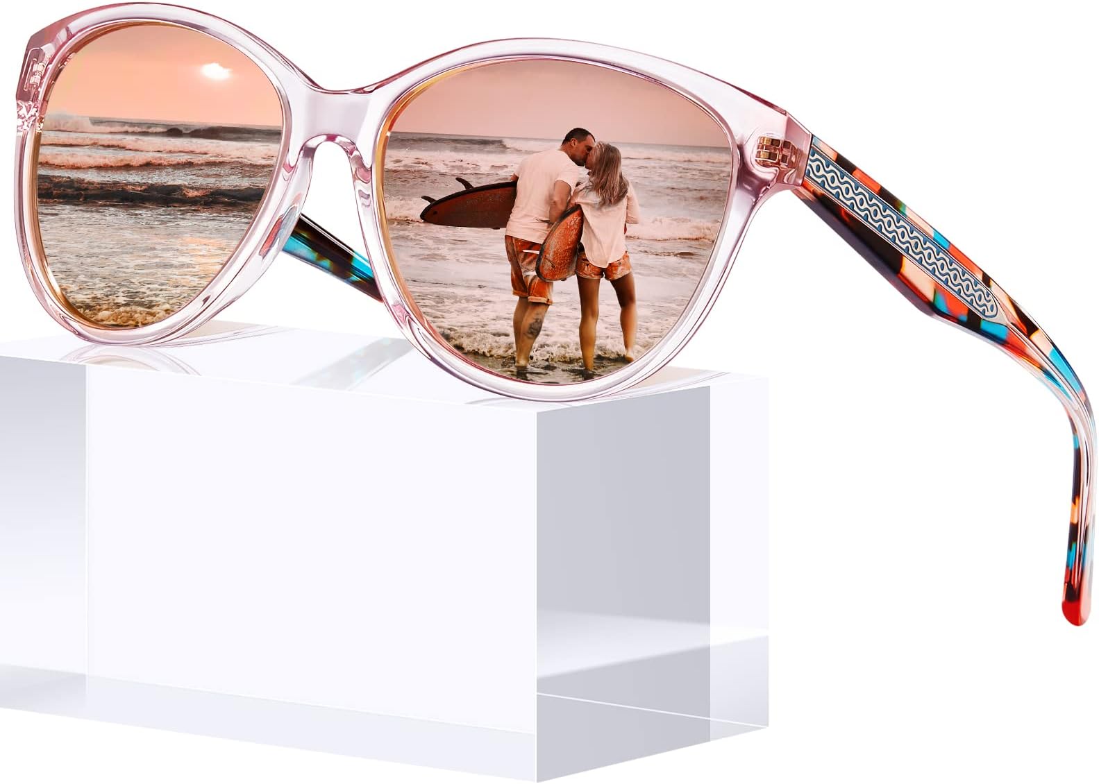 Cateye Polarized Sunglasses for Women UV Protection, Italy Handcrafted Acetate Frame with Embossed Pattern Wire Core