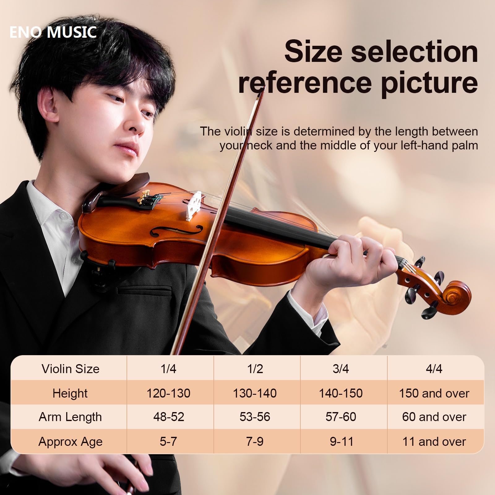 ENO MUSIC Kit de violín 4/4 de tamaño completo para principiantes y adultos con colofonia, arco y funda rígida, todos los accesorios de instrumentos musicales de cuerda incluidos