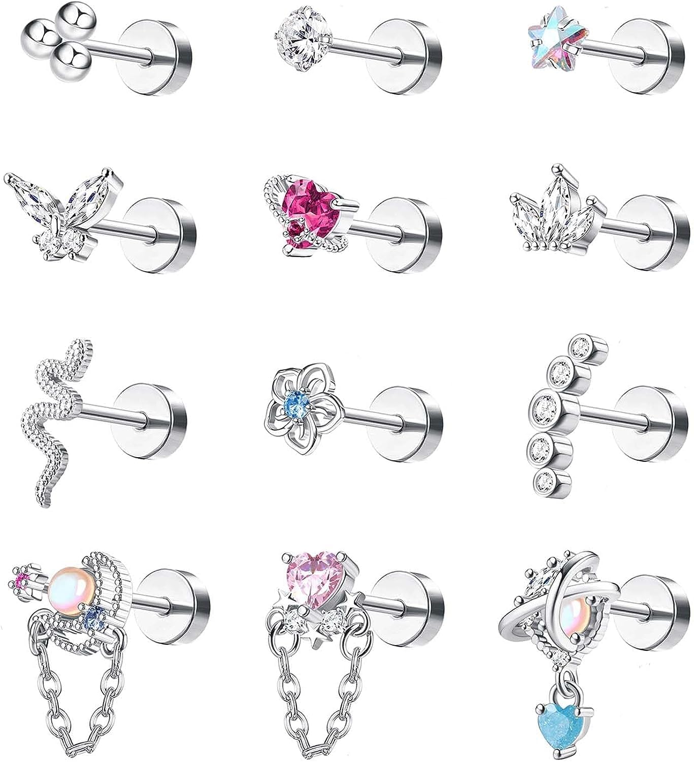 Diamday12PCS 16G Cartilage Earrings Stud for Women Surgical Steel Flat Back Earrings Cute CZ Ball Heart Butterfly Flower Flatback Dangle Barbell Earrings Tragus Helix Conch Ear Piercing Jewelry Set