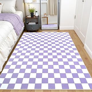 Terrug Purple and White Checkered Rug for Bedroom, 3x5 Washable Area Rugs