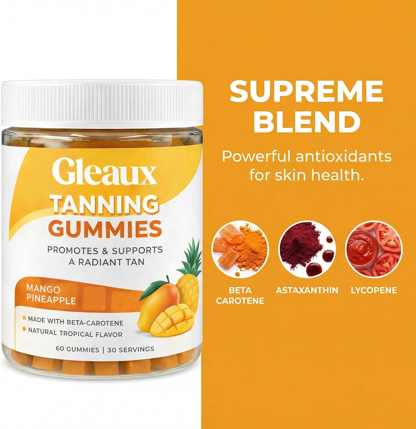 Gleaux Tanning Gummies, Tanning Gummies for Women, Sunless Radiance Support with Beta Carotene, Astaxanthin & Lycopene, for Skin Health & Complexion Support, Mango Pineapple Flavor, 60 Gummies