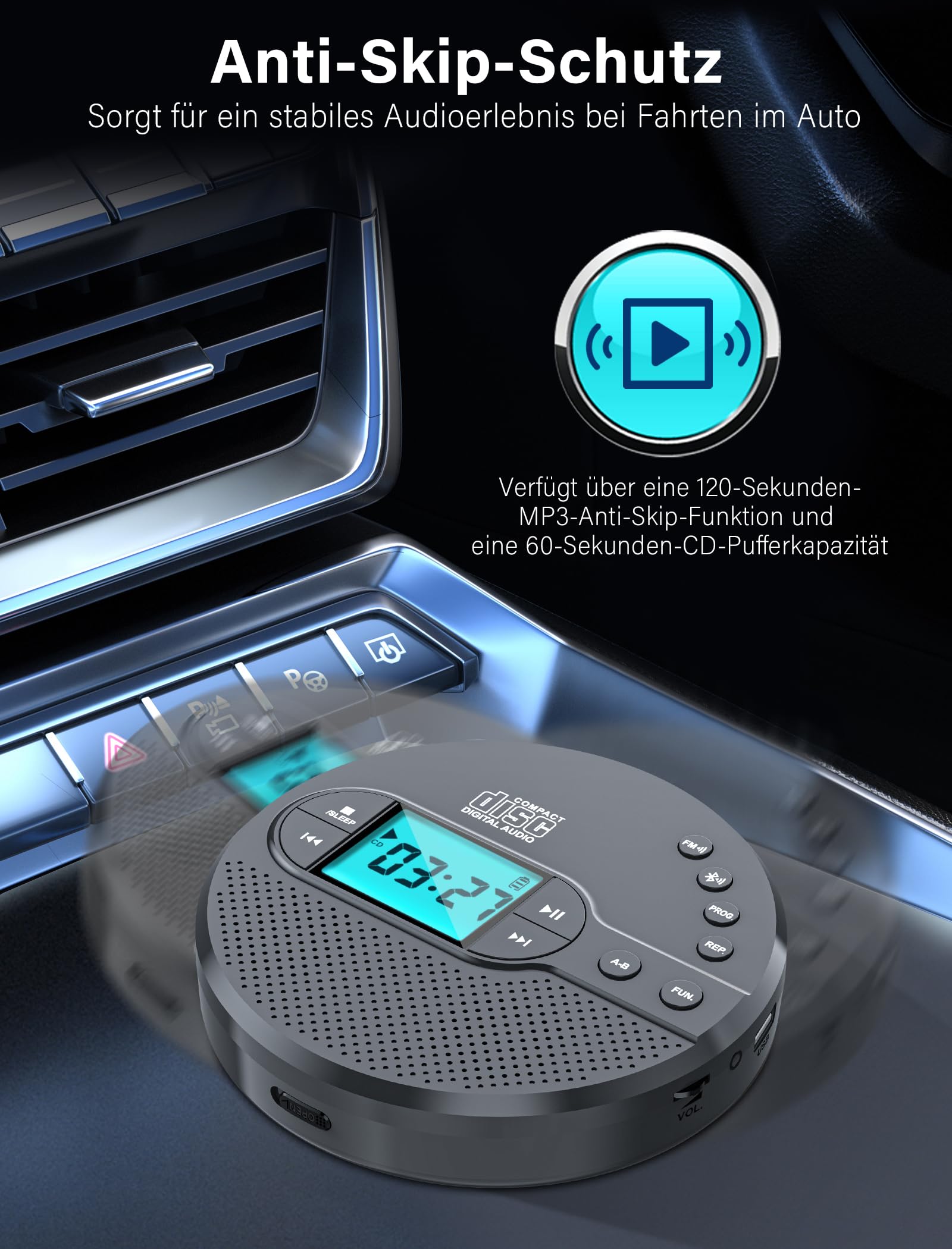 Discman-CD-Player mit Bluetooth-FM-Transmitter, Kopfhörern, LCD-Bildschirm, AUX, integriertem Lautsprecher, USB-Anschluss, 2000mAh wiederaufladbarer CD-Player tragbarer mit Anti-Skip-Schutz