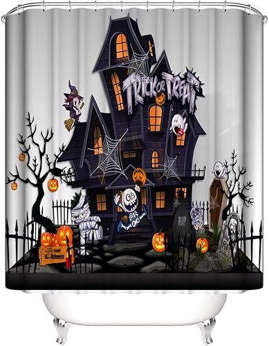 Miniatura 4 de AZHM Juego de cortinas de ducha de Halloween con alfombras antideslizantes, cubierta para tapa de inodoro y tapete de baño, cortinas de ducha de