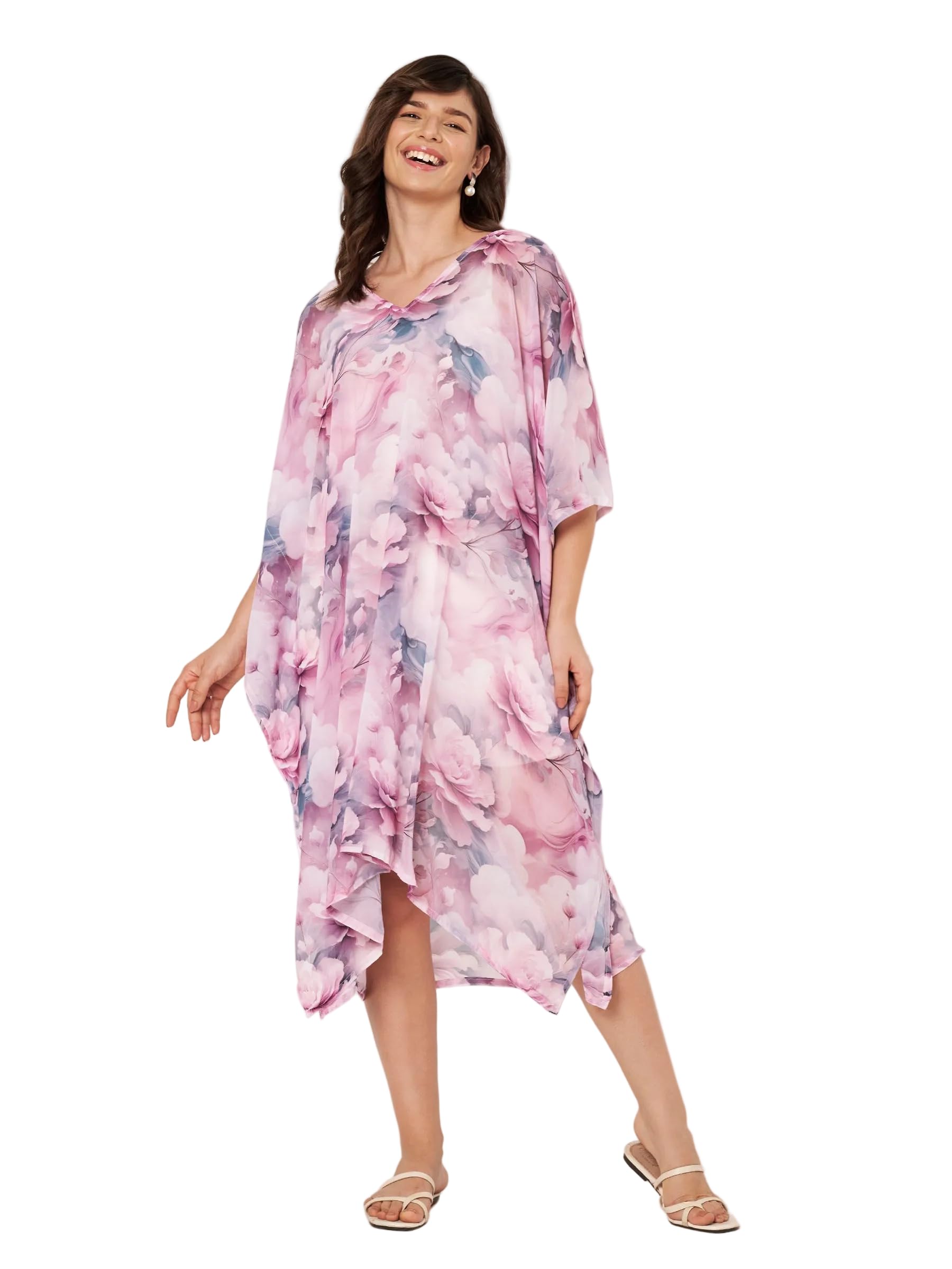 swi with label Women's Printed V-Neck Flared Sleeves Beach Wear Kaftan Dress Digital Print Hidden Adjustable Belt Kaftan Beach Coverup STBW_558-picture-51