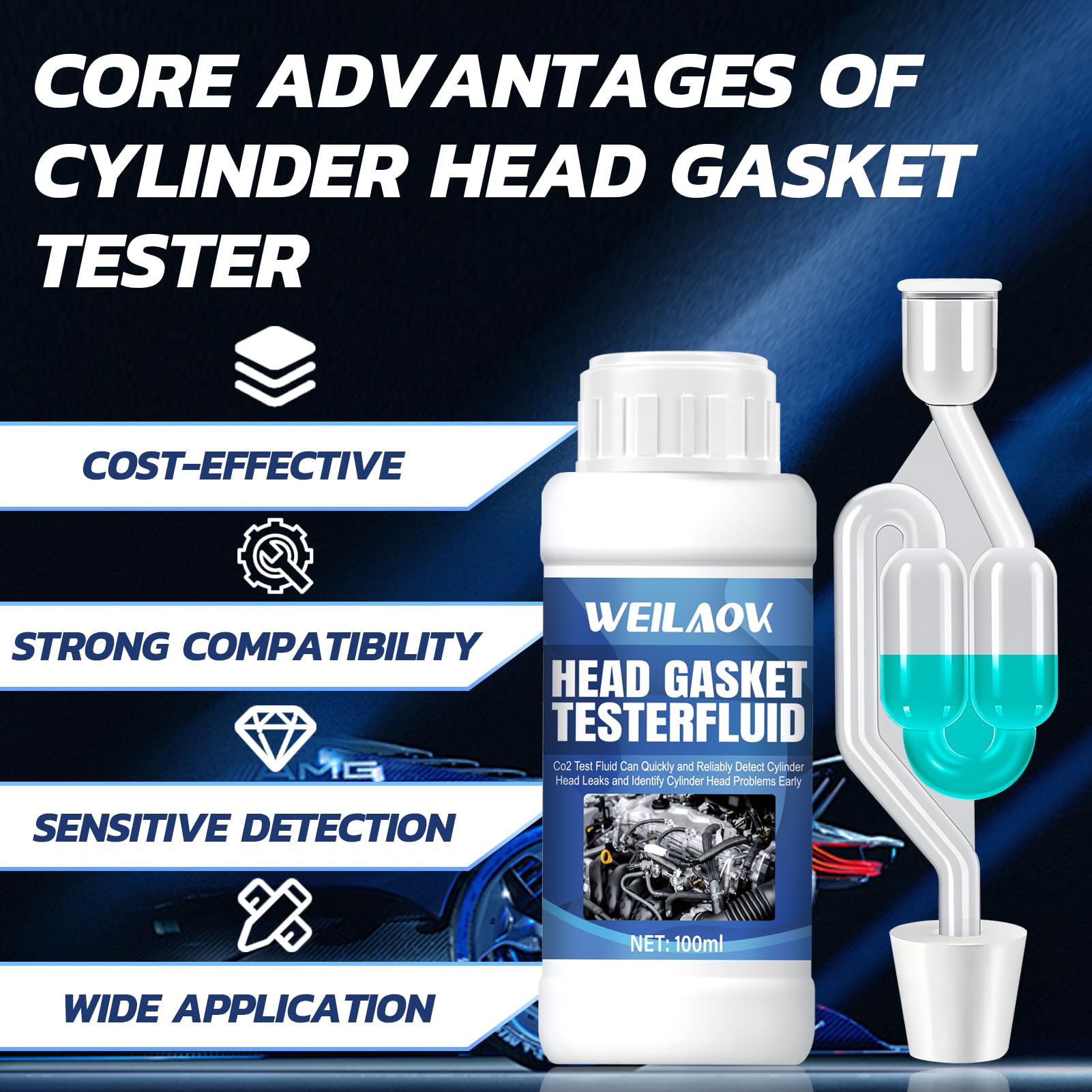 Test Guarnizione Testata Bruciata, Turafalle Testata Motore, Tester di Guarnizione A Testa Cilindrica per Testare Le Guarnizioni della Testata di Tutti I Veicoli e Motocicli, 100 ML