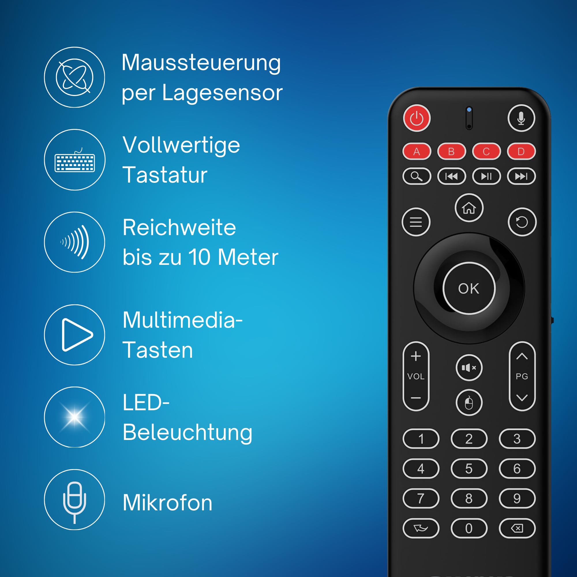 Orbsmart AM-1 Pro Airmouse Tastatur QWERTZ, Mini PC & TV Box Fernbedienung | LED-Hintergrundbeleuchtung & wiederaufladbarer Akku. Präzise Steuerung per Gyro-Sensor & Mikrofon. Inklusive IR-Lernfunktion