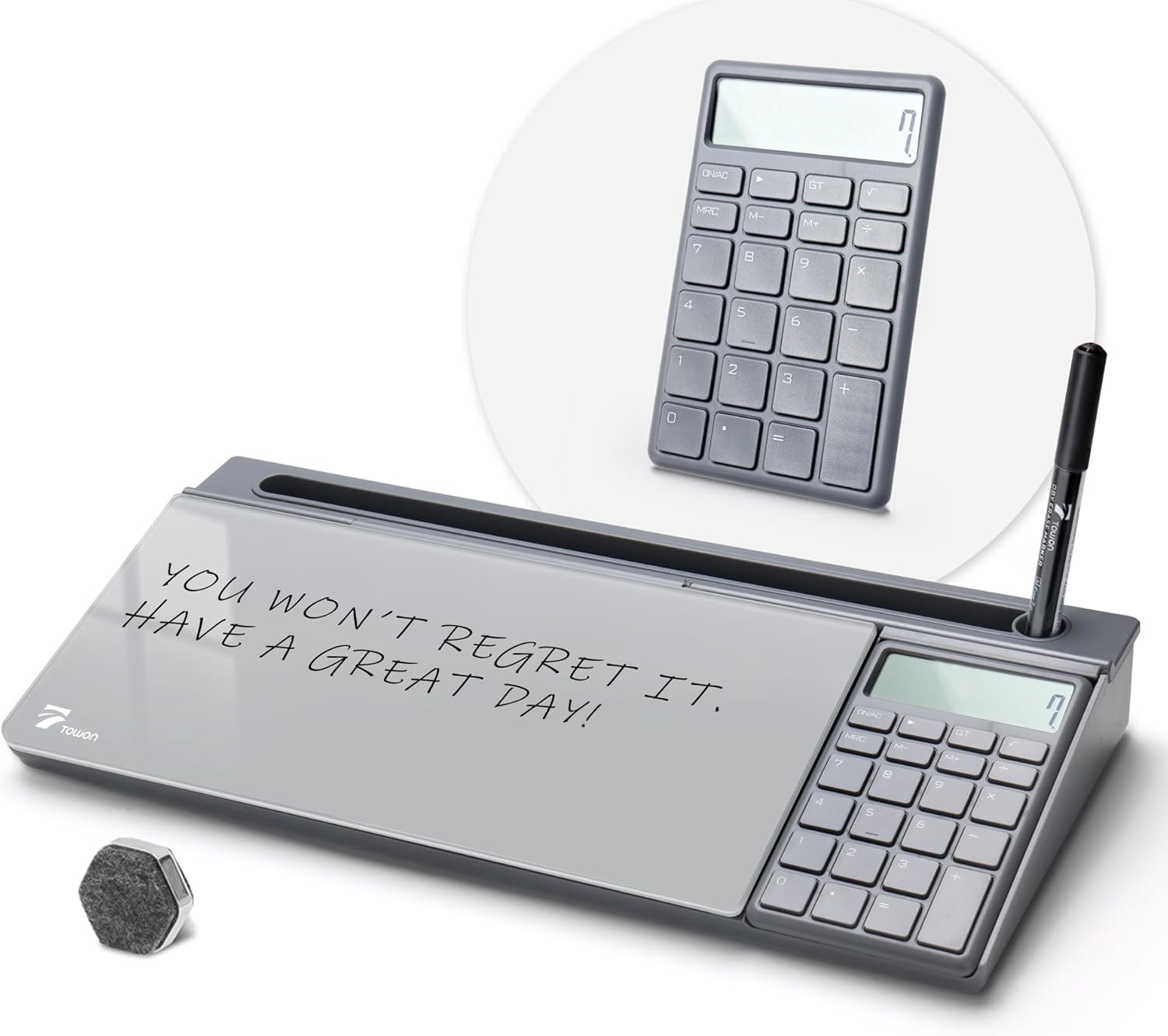 TOWON Desktop Glass Whiteboard with Basic Calculator, 12 Digit LCD Display, Desk Organizers with Accessories for Office, Home, School Supplies, Storage with Dry Erase Board Surface, Gray, 18'' x 6''