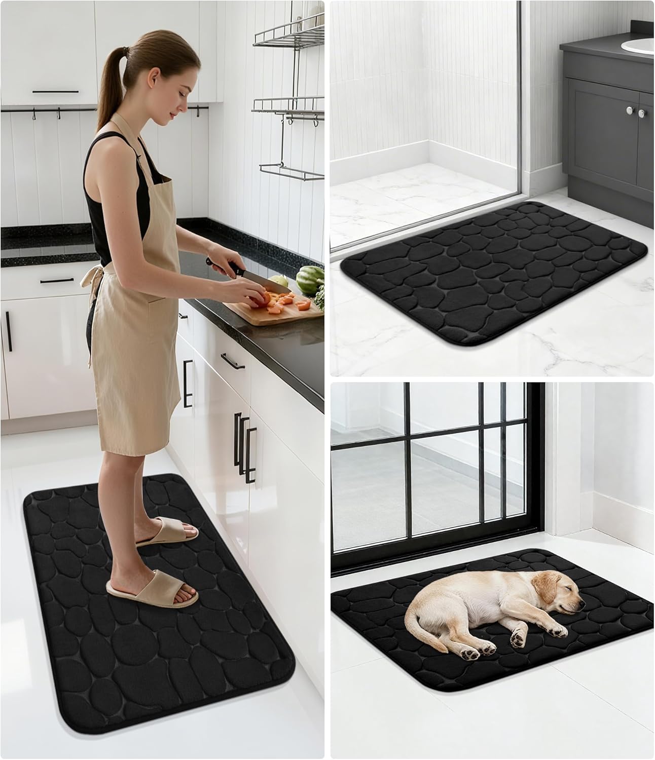YIHOUSE Memory Foam Runner Rug, Cobblestone Bathroom Runner Rugs Super Water Absorbent Bath Mats for Bathroom Machine Washable Bath Rugs for Hallway Bedroom Laundry Room(24 x 47,Black)