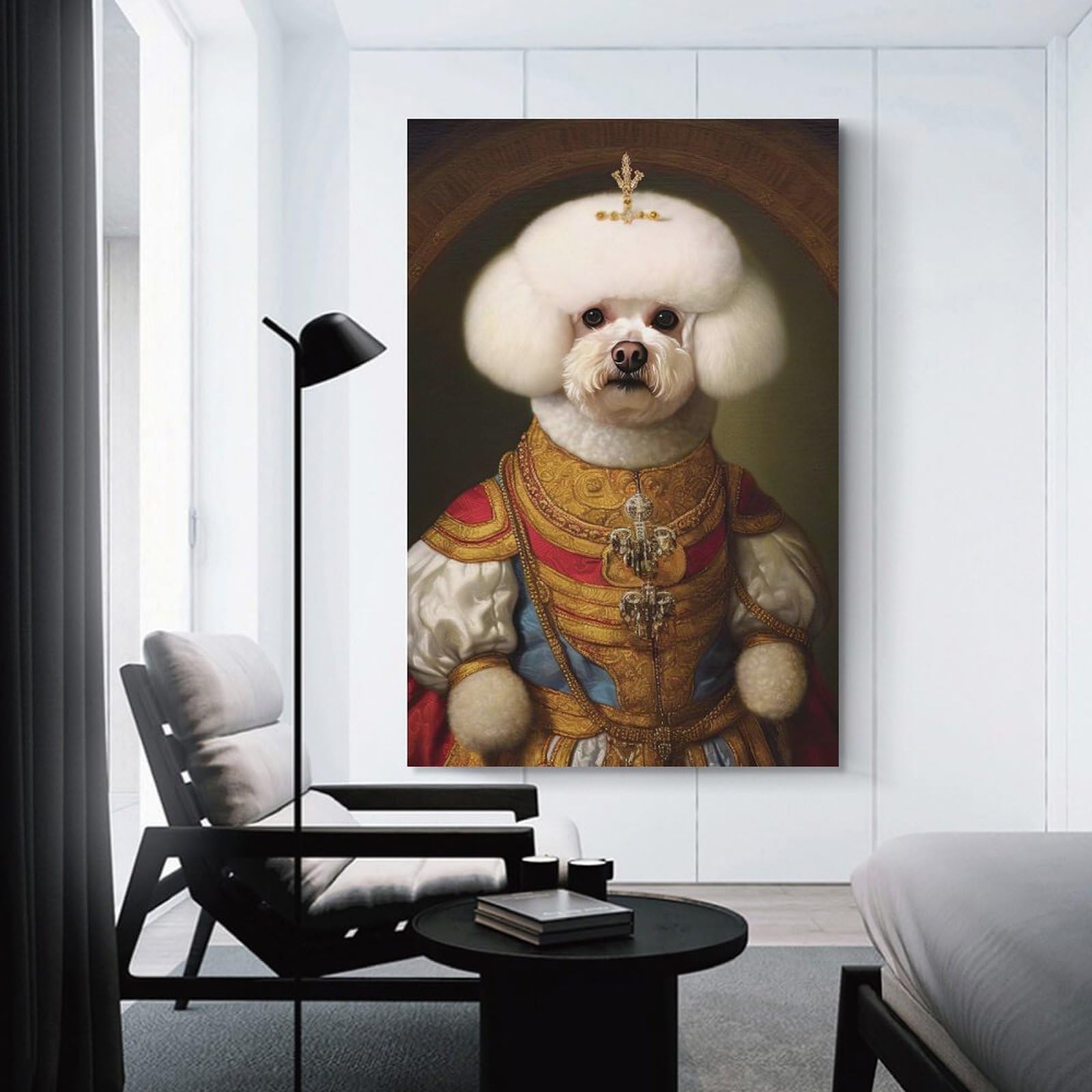 Junmoney Bichon Frise The King Wall Art Print, 16x24inch(40x60cm), for Corridors, Hallways Or Apartment Entries, Wall Decor to Refresh Empty Corners