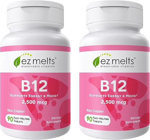 Miniatura 10 de EZ Melts Vitaminas solubles 2500 mcg B12 cero azúcar sabor natural a cereza libre de OGM pastillas de disolución rápida energía y estado de ánimo
