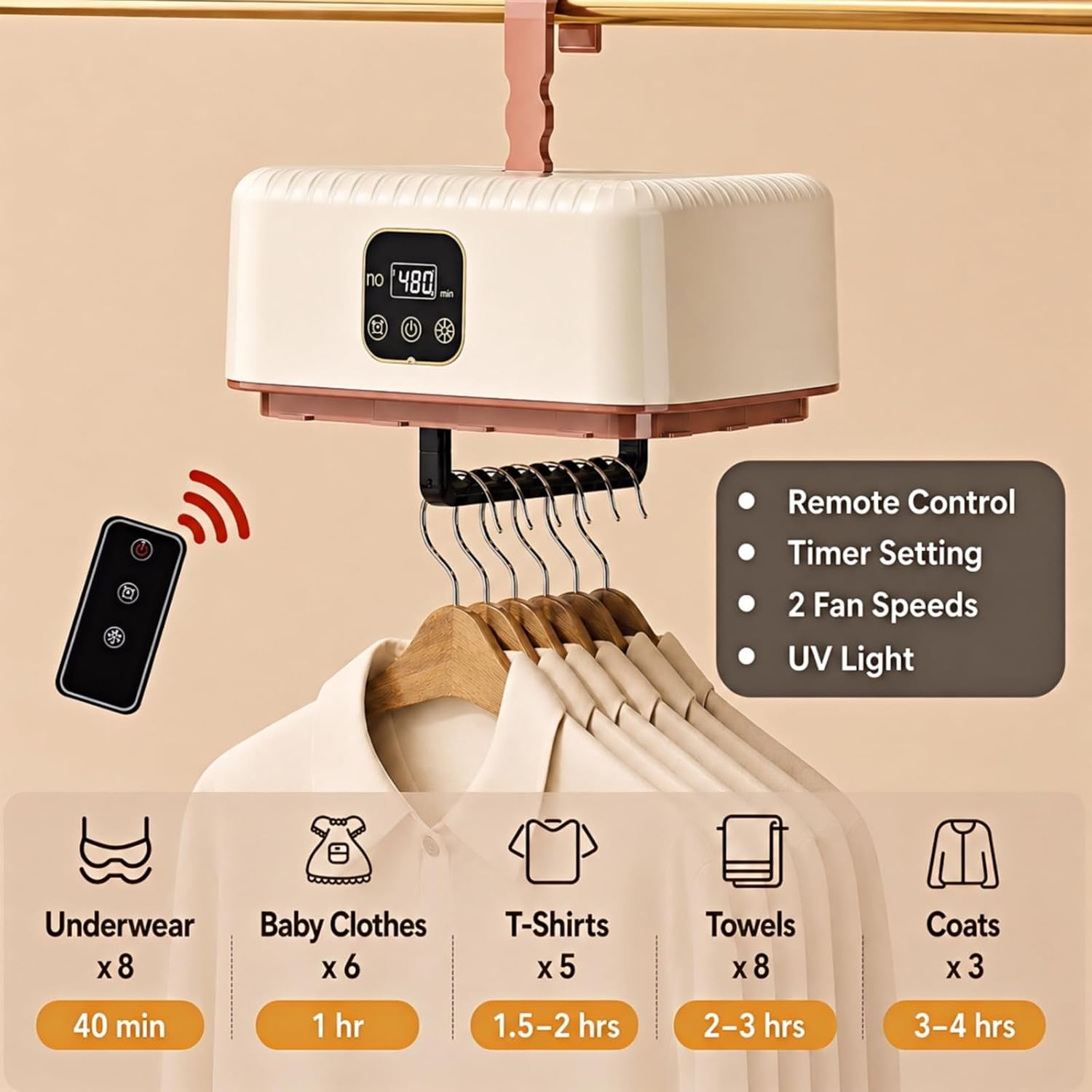 Portable Clothes Dryer【Safe Quiet Fast & 1-Year Free Replacement】Upgraded Mini Dryer with Adjustable Timer & Remote Control, Drying Machine for Apartment, RV, Travel, Dorm(Khaki)