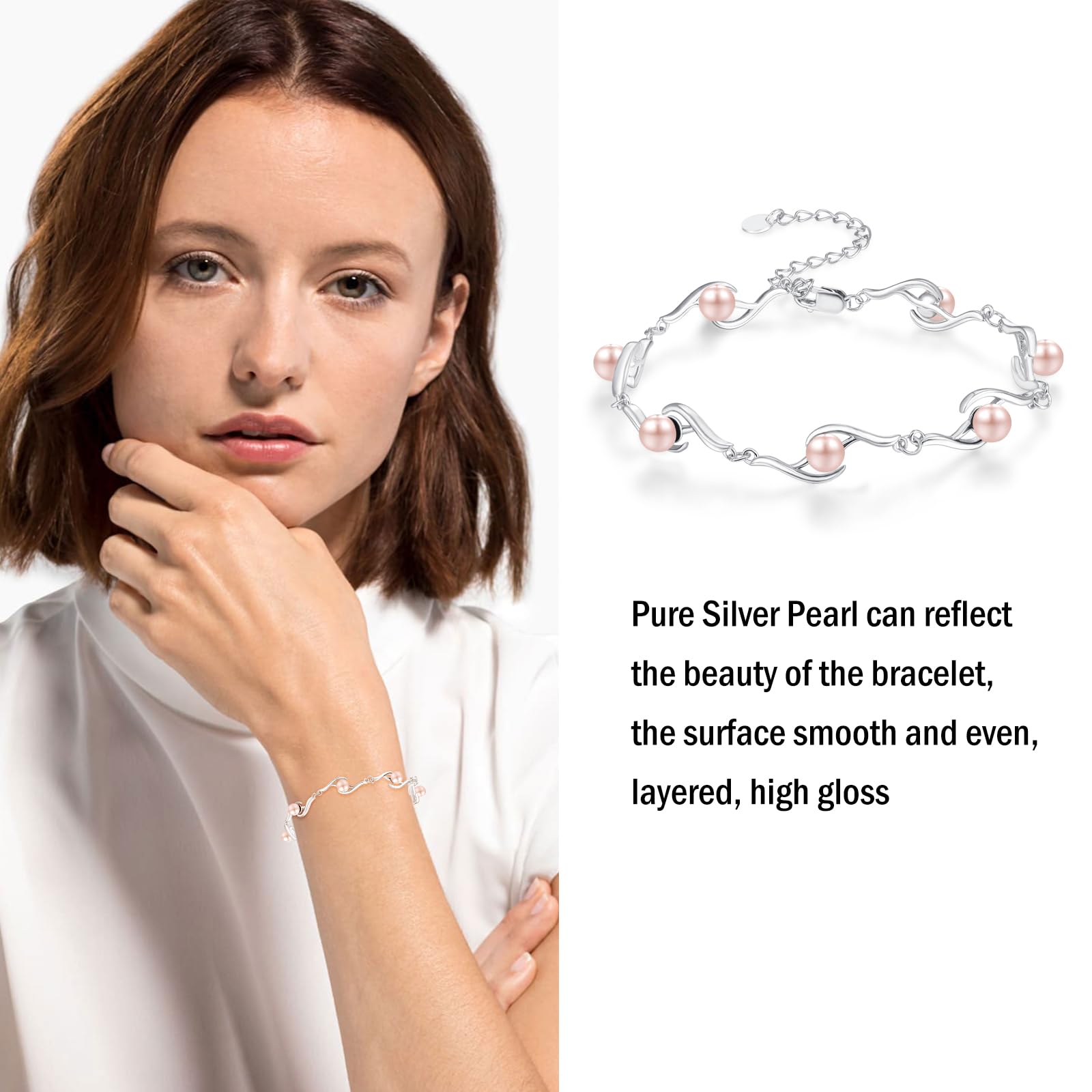 KINGWHYTE Perlenarmband für Damen 925 Sterling Silber Einstellbare Perlen Armband Jahrestag Geburtstag Schmuck Geschenke für Mädchen Ehefrau