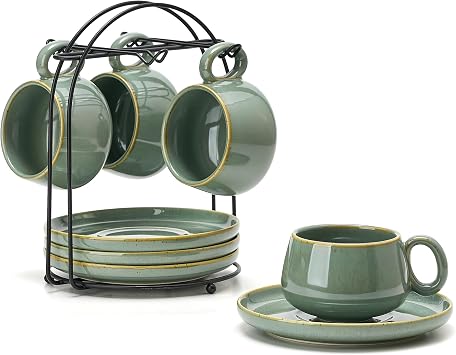 LUKA 7.77 oz Ceramic Cappuccino Cups with Saucers and Metal Stand, Set of 4 Large Unique Porcelain Coffee Cup for Latte, Cafe Mocha, Tea, Espresso, Dishwasher Safe, Wild Sage Earth Speckle