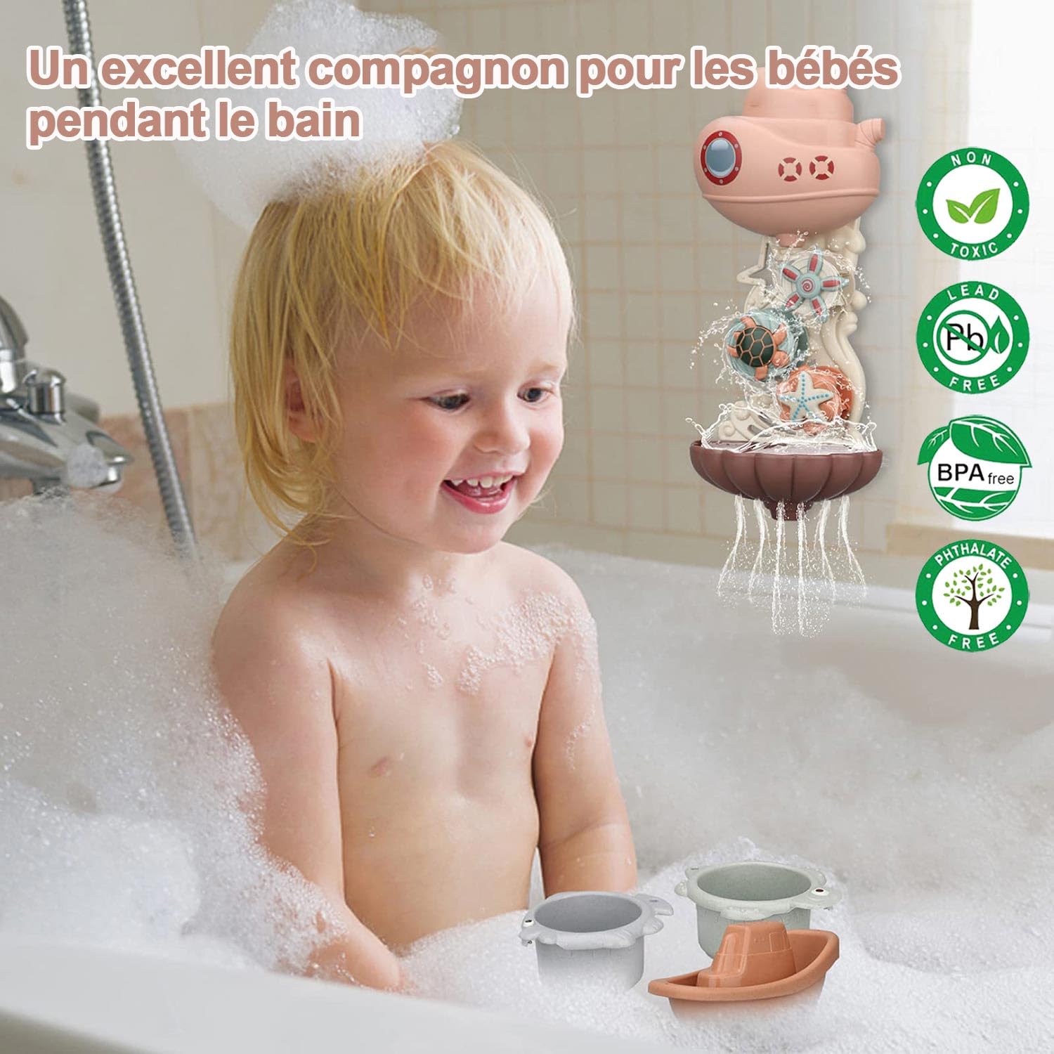 Jouet Bain bébé 1 Ans, Jouet de Bain pour Bebe, Lot de 9 | Jeux bain enfant 1 2 3 ans, jouet pour le bain 1 an garçons et filles avec roue à eau, gobelets et bateaux