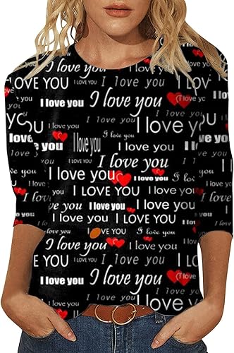 Short Sleeve Womens Swim Shirt Women Fashion Casual Top Shirt Three Quarter Sleeve Love Printed Round Neck