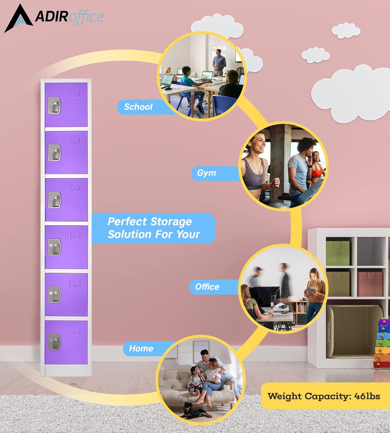 AdirOffice Large School Locker with 6 Doors 6 Hooks Storage Locker for Garage Storage - Office Storage Lockers (6 Door, Purple)