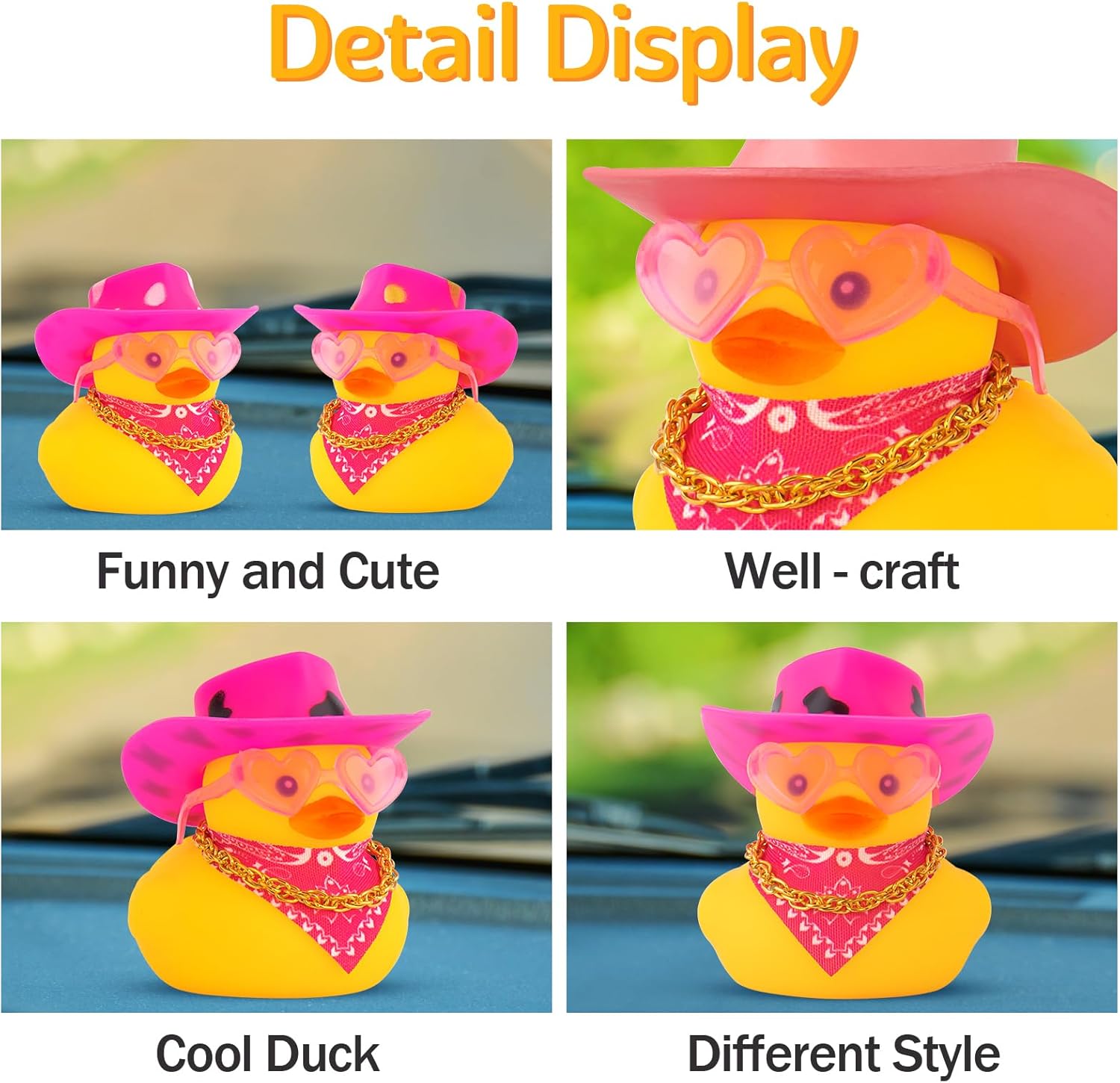 wonuu Car Rubber Cowboy Duck, Yellow Ducks Decoration Dashboard with Cowboy Hat Necklace Sunglasses, Glitter Pink