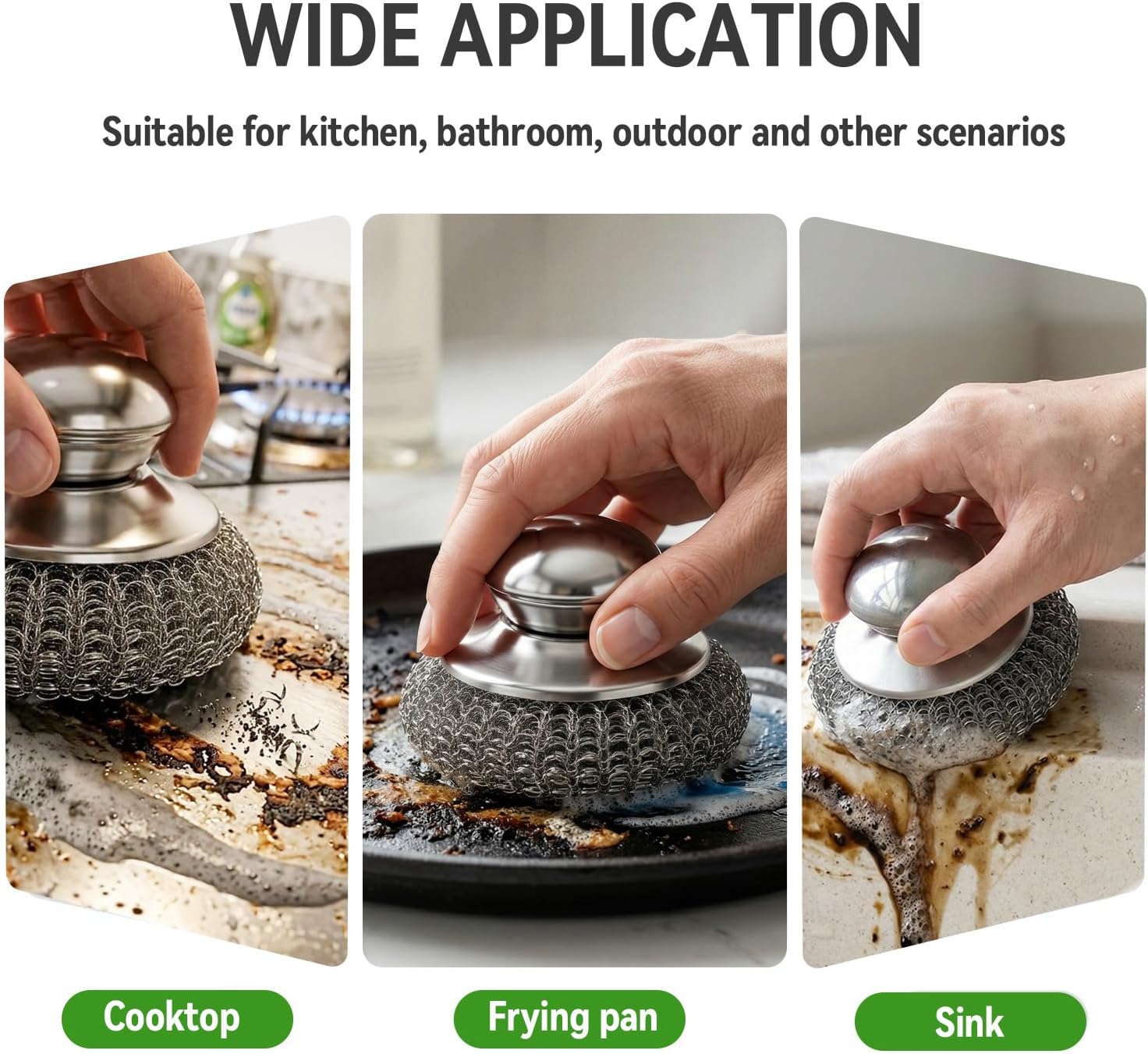 5 Pcs Steel Wool Scrubber with Handle: Stainless Steel Scrub Set for Cast Iron Scouring Stubborn Messes from Cast Iron, Pots, Pans, Grill, Stoves, Sink (1 Scrubber + 5 Pads) image 4