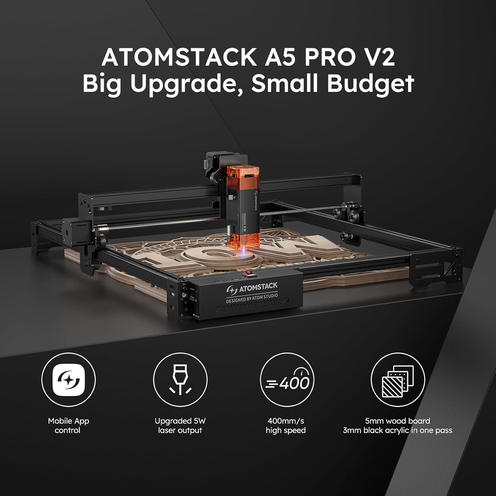 ATOMSTACK A5 Pro V2 Incisione laser stampante laser potenziata da 5 W incisore laser, incisore ad alta precisione da 0,06 mm, superficie di incisione 410 x 380 mm per legno, metallo e acrilico