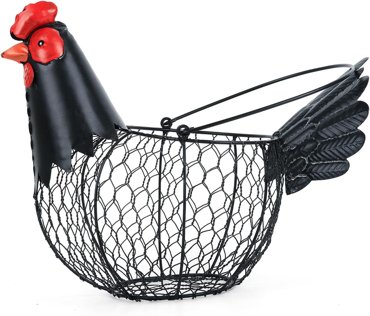 Chicken Egg Basket, Egg Collecting Baskets,Metal Wire Egg Basket with Handle, Farmhouse Chicken Decor, Rustic Black Rooster Chicken Shaped Fruit Bowl Countertop Holder for Home Kitchen Decoration