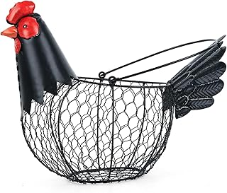 Chicken Egg Basket, Egg Collecting Baskets,Metal Wire Egg Basket with Handle, Farmhouse Chicken Decor, Rustic Black Rooster Chicken Shaped Fruit Bowl Countertop Holder for Home Kitchen Decoration