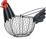 Chicken Egg Basket, Egg Collecting Baskets,Metal Wire Egg Basket with Handle, Farmhouse Chicken Decor, Rustic Black Rooster Chicken Shaped Fruit Bowl Countertop Holder for Home Kitchen Decoration