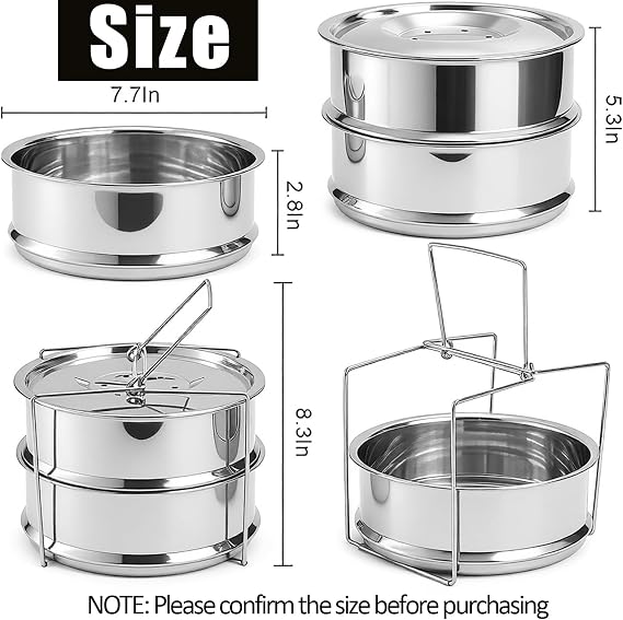 WUWEOT Stackable Steamer Insert Pans, 7.8 Inches Stainless Steel Pot-in-Pot Baking Pan, 2 Tier Pressure Cooker Accessories with Sling Handle and Silicone Gloves for Instant Pot