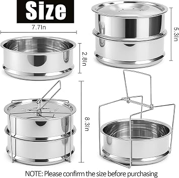 WUWEOT Stackable Steamer Insert Pans, 7.8 Inches Stainless Steel Pot-in-Pot Baking Pan, 2 Tier Pressure Cooker Accessories with Sling Handle and Silicone Gloves for Instant Pot