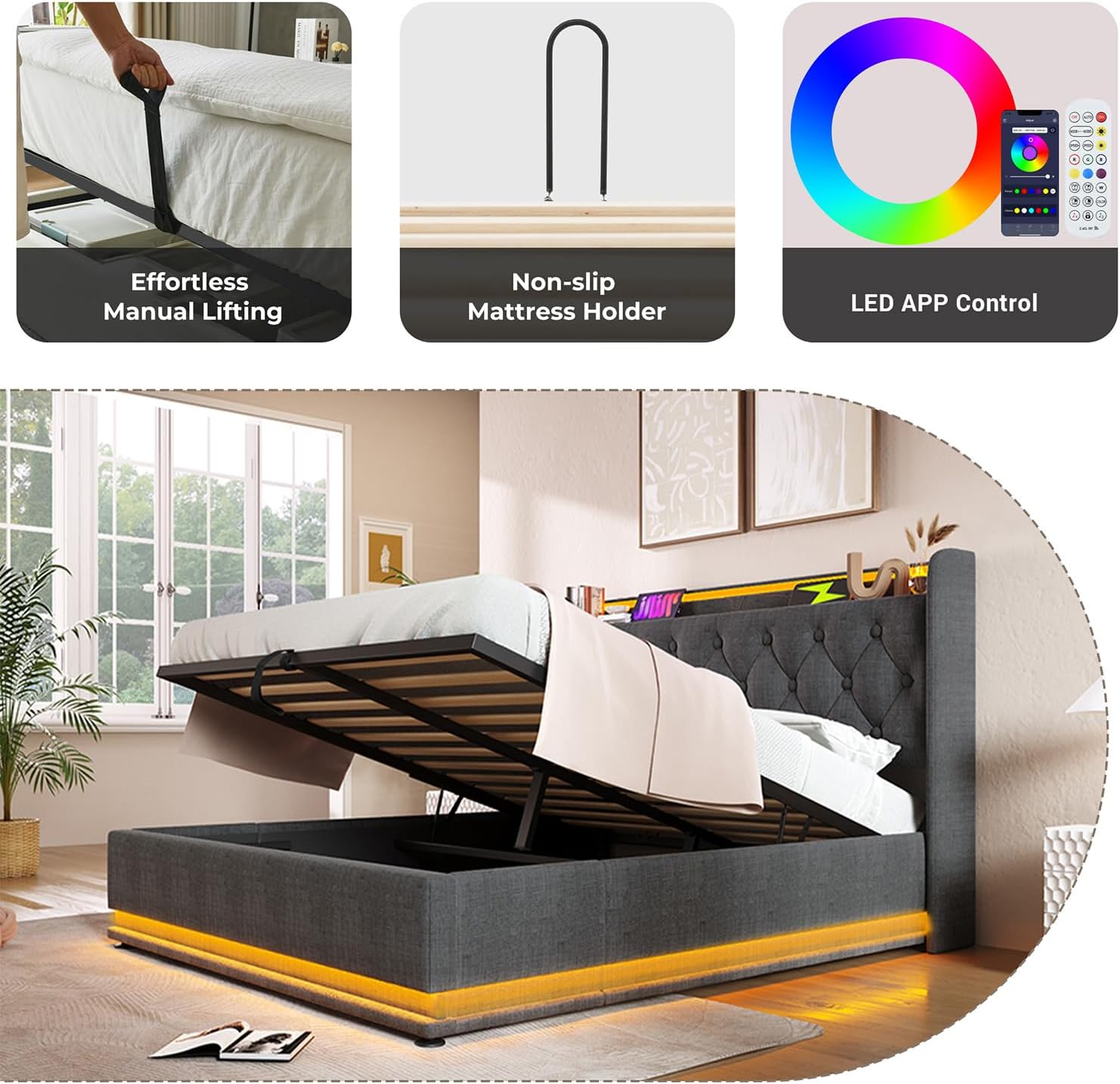 Queen Size Lift up Storage Platform Bed with 360 Degree Surround LED Light, Bedroom Upholstered Hydraulic Smart Bed Frame, No Noise, No Spring Mattress Required, Easy to Assemble (Gray, Queen)