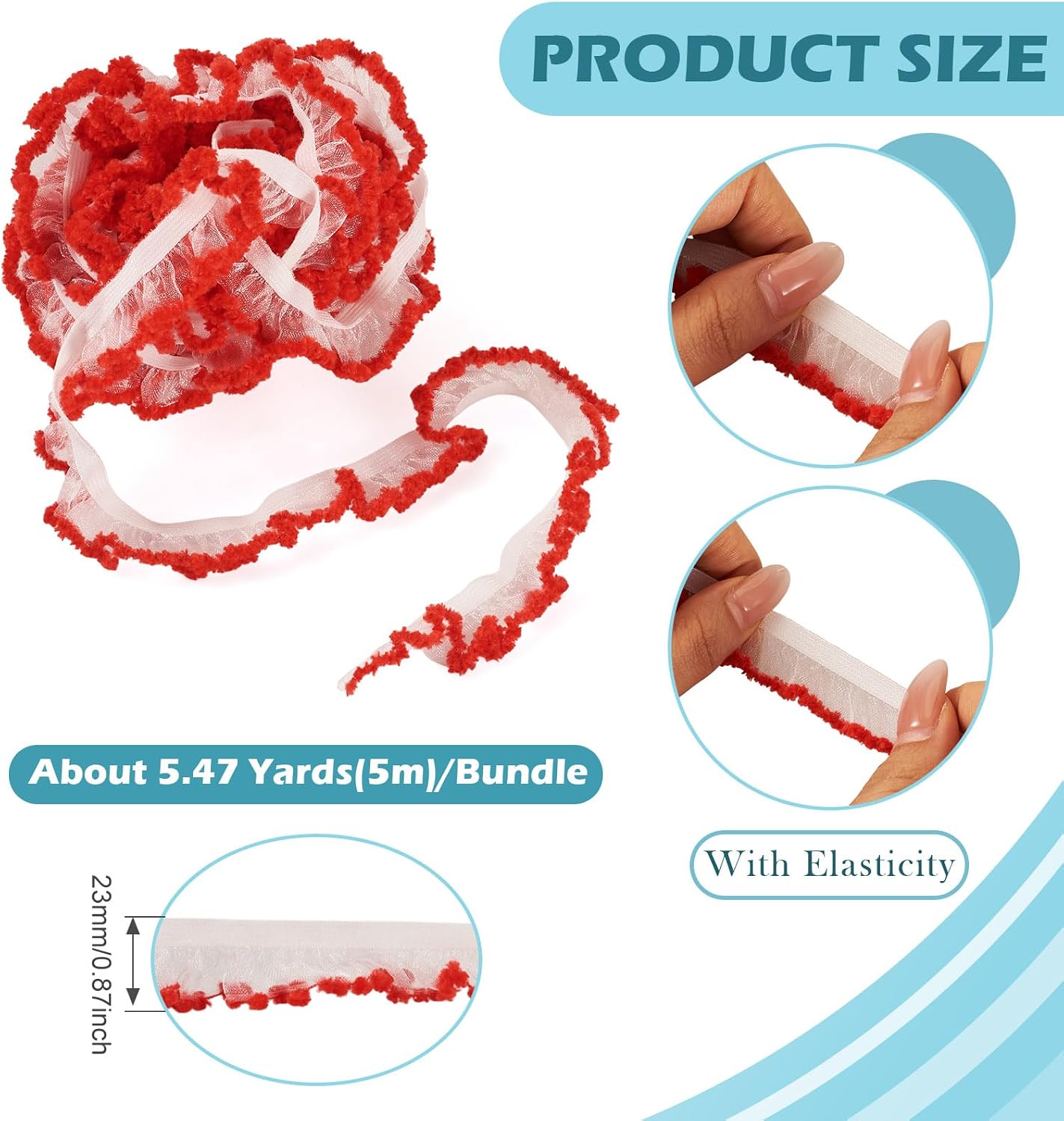 KISSITTY Elastic Ruffle Lace Trim 5 Yards Red Color Pleated Stretch Fabric Trimming Decorative Ribbon 0.9 Inch Wide for Clothing Wedding Christmas Garment Accessories Crafts Home Decor