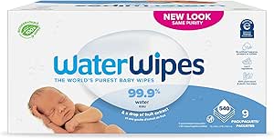 WaterWipes Biodegradable Original Baby Wipes, 99.9% Water Based Wipes, Unscented &amp; Hypoallergenic for Sensitive Skin, 540 Count (9 packs), Packaging May Vary