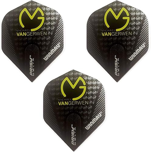 Winmau Prism Delta Pro Player Michael Van Gerwen Dardos Vuelos, logotipo negro MvG, 100 micras extra fuerte (3 juegos – 9 vuelos)