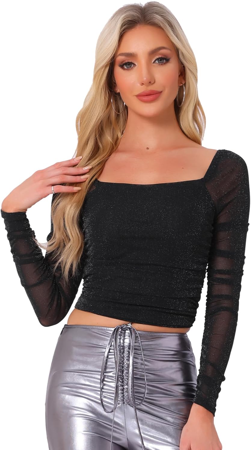 Allegra K Ruched Tops for Women's Cropped Glitter Long Sleeve Mesh Blouse