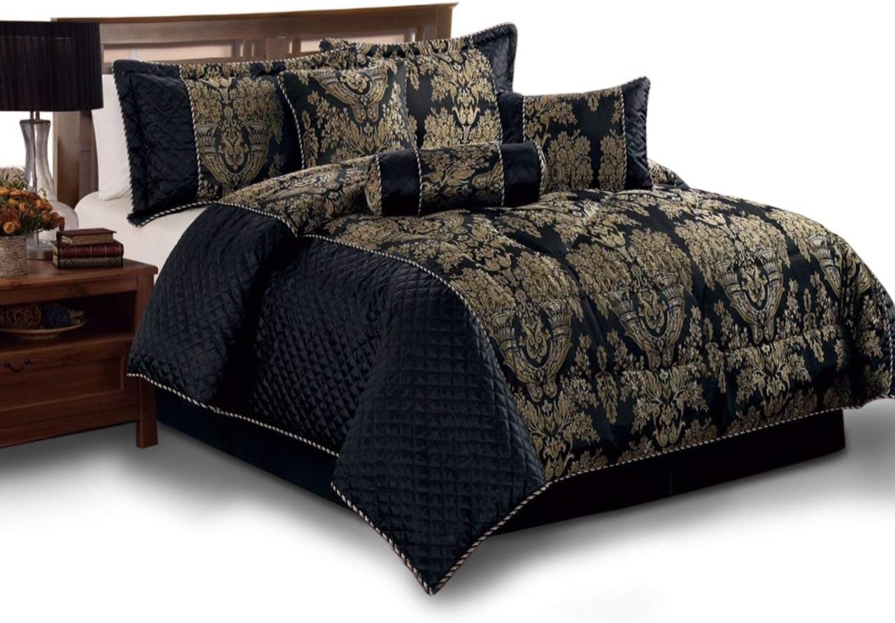 Sunrise Bedding Bedspread Set- 7 Piece Comforter Set- Jacquard Fabric Bedding Set Double, King All Season Bed Throw 220 GSM Matching Pillows, Cushions ,Neck Roll and Valance Sheet (Black, King (255 x 225))