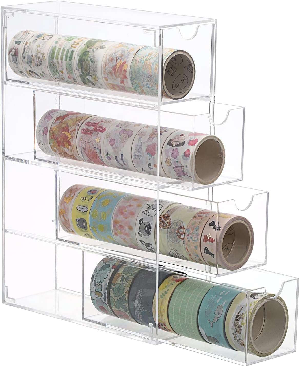 Acrylic Washi Tape Organizer, Clear Washi Tape Storage Holder with 4 Sliding Drawers, Desk Accessories Display Caddy Craft Box, Washi Tape Dispenser for Scrapbooking Art Craft Supplies, 2 Pack
