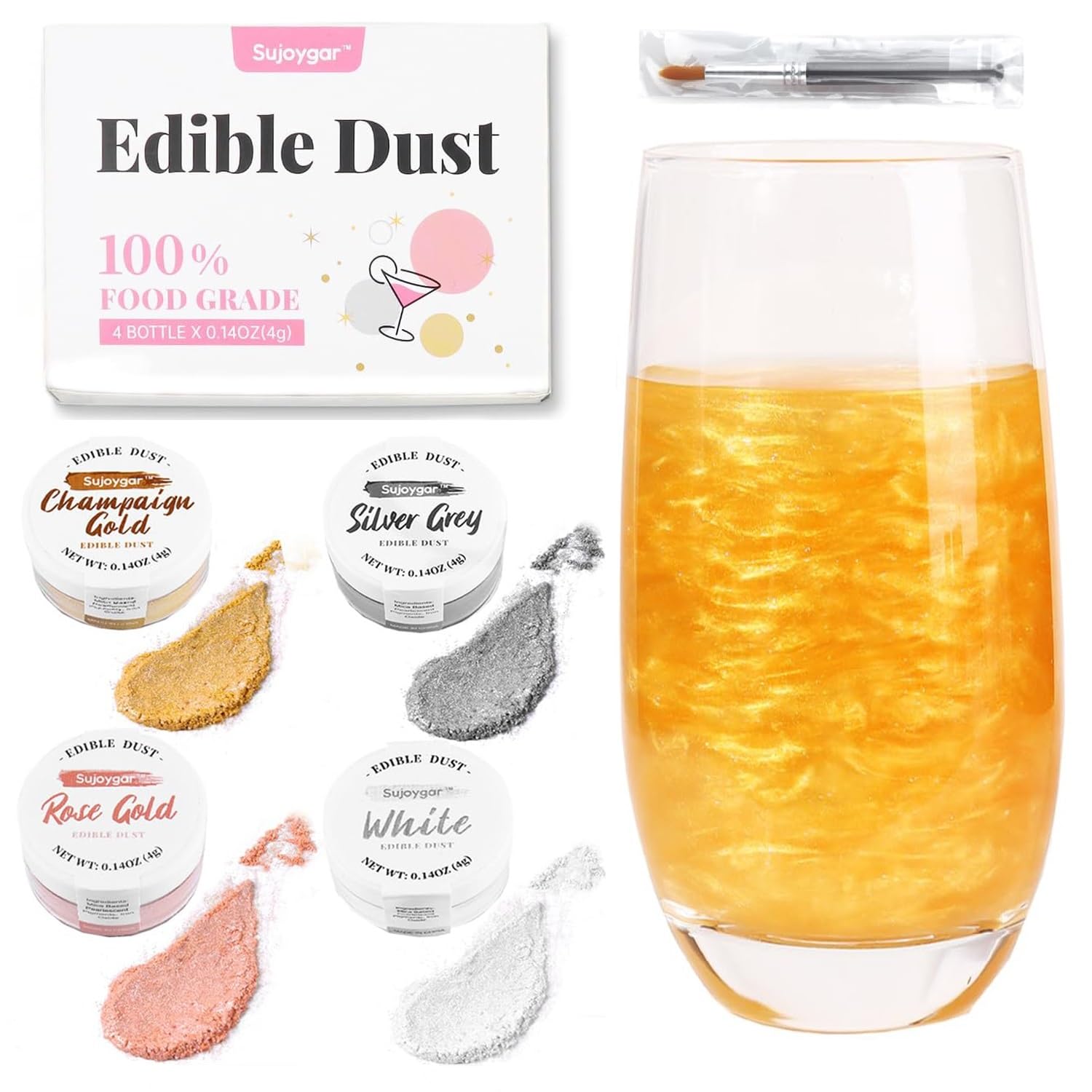 4 Colors Edible Glitter Set, Edible Glitter for Cocktails, Food Grade Shimmer Luster Dust Edible for Drinks, Cakes, Baking, Beverages, Strawberries, Chocolates, Cookies, Fondant, Non-toxic ( 4g/Bottle)