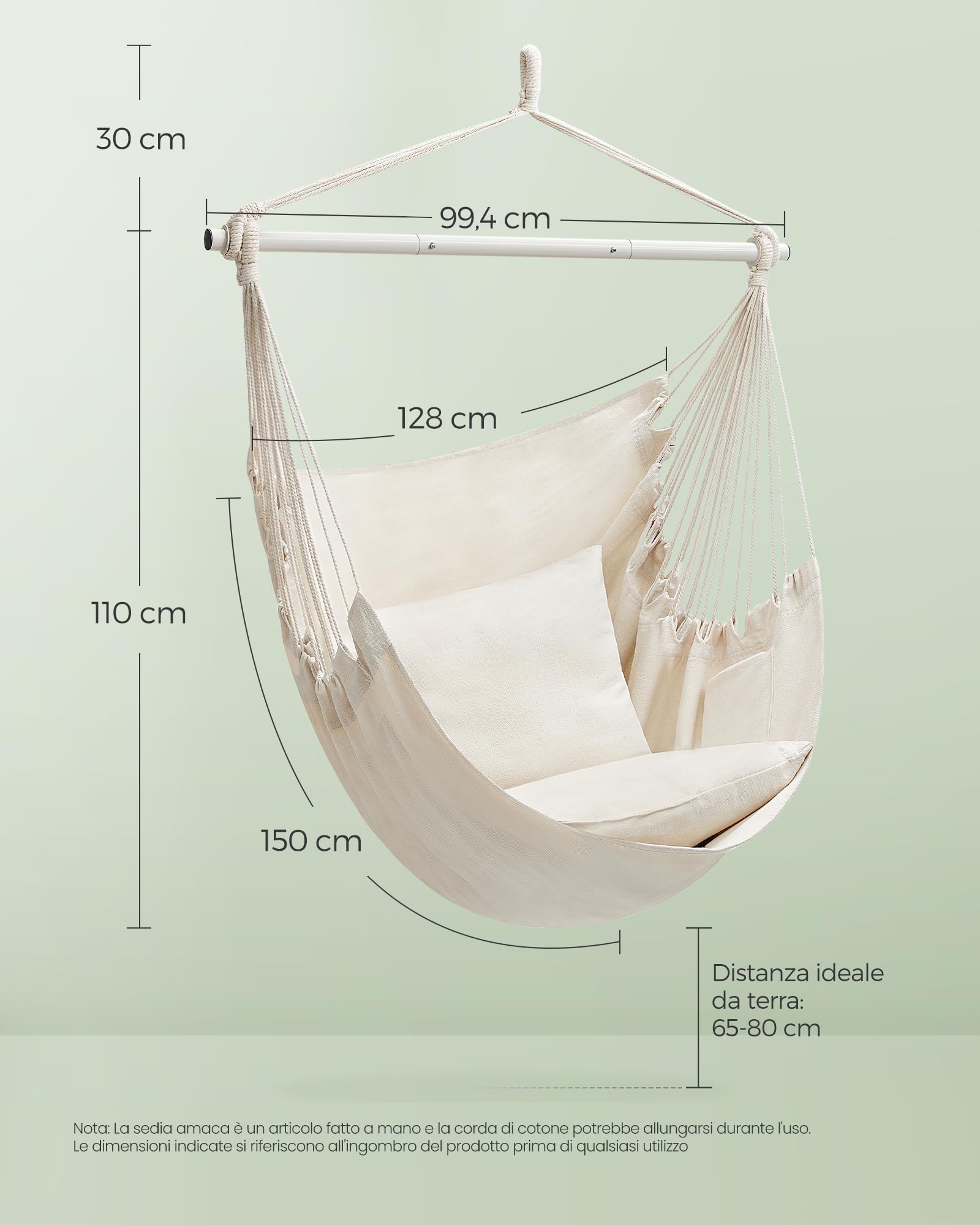 SONGMICS Sedia Amaca, Grande Sedia Sospesa con 2 Cuscini, Sedia a Dondolo con Catena, Capacità 150 kg, per Interni, Esterni, Soggiorno, Camera da Letto, Bianco Crema GDC197M01