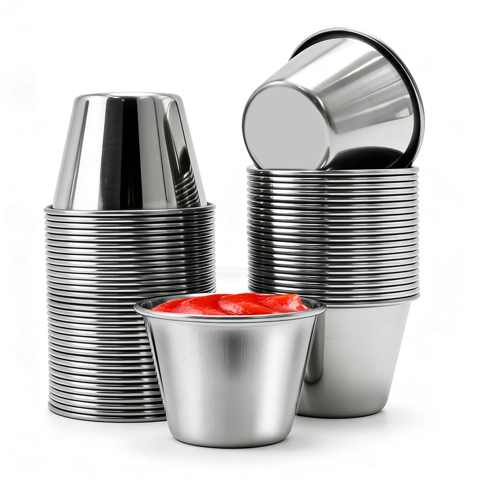 Hoypeyfiy 55Pcs 2.5 oz Space-Saving Stainless Steel Portion Cups, Stackable Design Saves Storage, for Small Kitchens & Food Prep (55)