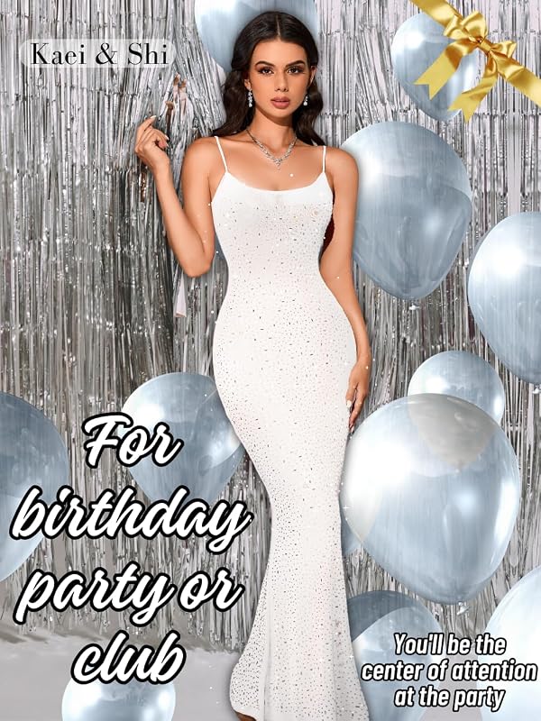 Kaei&Shi Rhinestone Mesh Dress,Glitter Sparkly Embellished Sheer Maxi Dresses,Sexy Birthday Outfit for Women Cocktail Party,White,Large by Kaei&Shi - Image 5