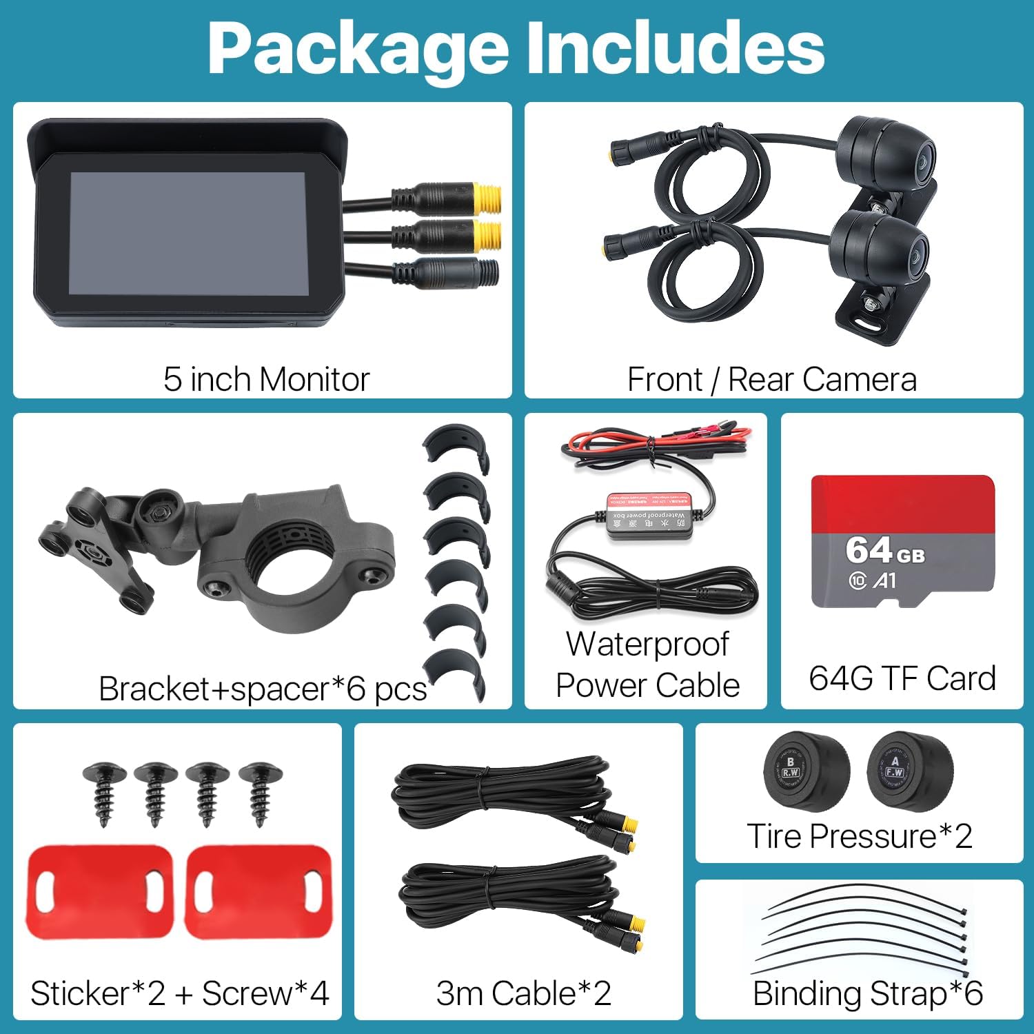 Contents of the TTXSCAM MT01 package including the main monitor, front/rear cameras, bracket, power cable, TF card, tire pressure sensors, stickers, screws, and cables.