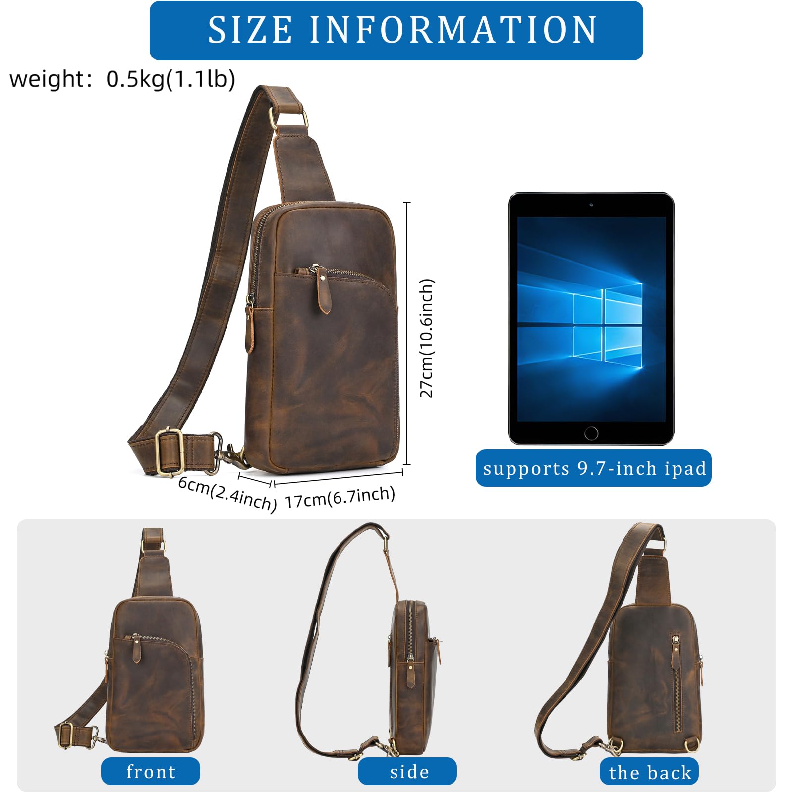 Leder-Umhängetasche für Herren, lässig, Reisen, Wandern, Umhängetasche, Rig One Schultergurt